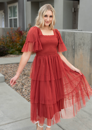 Ada Rust Mesh Ruffle Dress