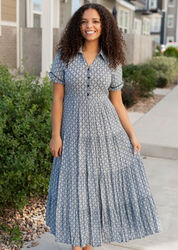 Amberly Navy Pattern Tiered Dress