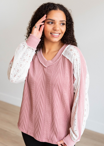Andrea Mauve Lace Sleeve Pullover