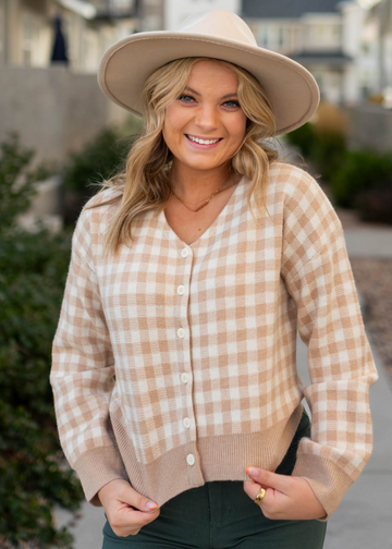 Anissa Taupe Checkered Button Cardigan