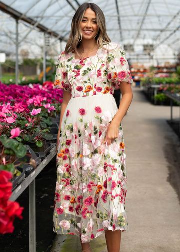 April Magenta Floral Embroidered Mesh Dress