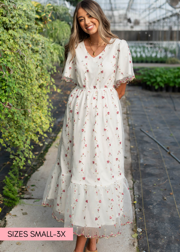 Arabella Ivory Embroidered Floral Dress