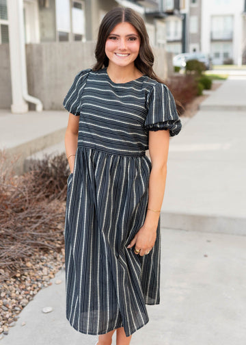 Aria Navy Jacquard Stripe Dress