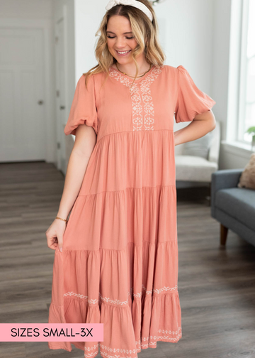 Ariana Dusty Pink Embroidered Tiered Dress