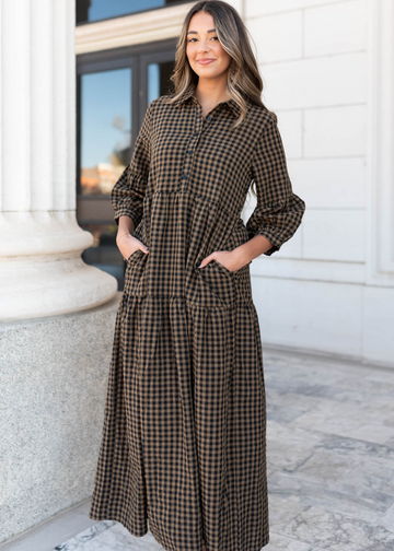 Ashlin Brown Gingham Tiered Dress
