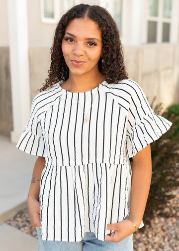 Brynn Black Striped Peplum Top