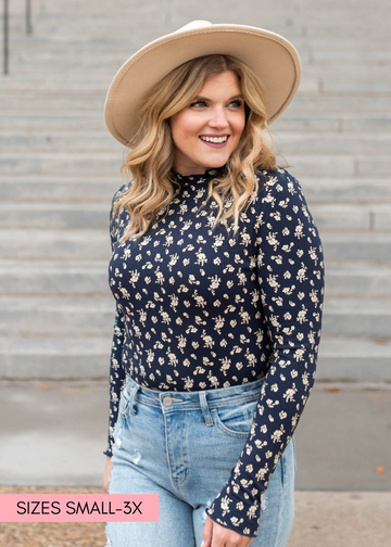 Cara Navy Flower Print Long Sleeve Top