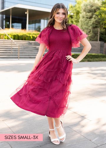 Carly Burgundy Smocked Ruffle Dress