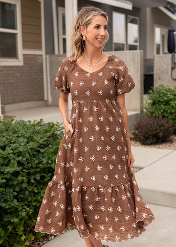 Dakota Walnut Floral Embroidered Dress