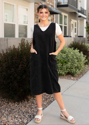 Danae Black Denim Overall Dress