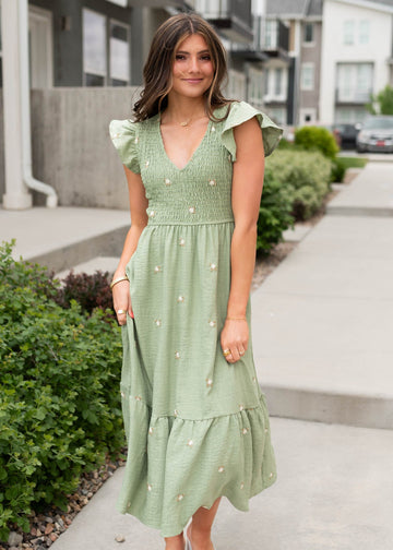 Danielle Olive Floral Embroidered Dress