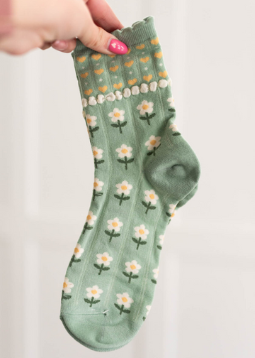 Edith Green Heart Flower Socks