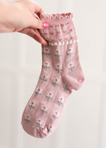 Edith Pink Heart Flower Socks