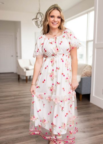 Elizabeth White Embroidered Floral Dress