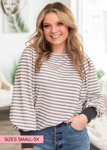 Evanna Grey Striped Long Sleeve Top