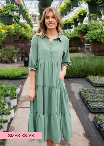 Flora Green Collared Tiered Dress