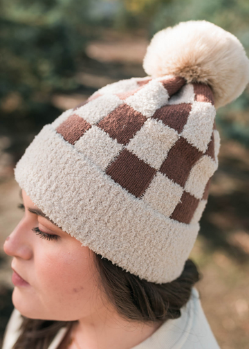 Jacklyn Taupe Checkered Beanie