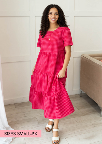 Jayne Hot Pink Gingham Tiered Dress
