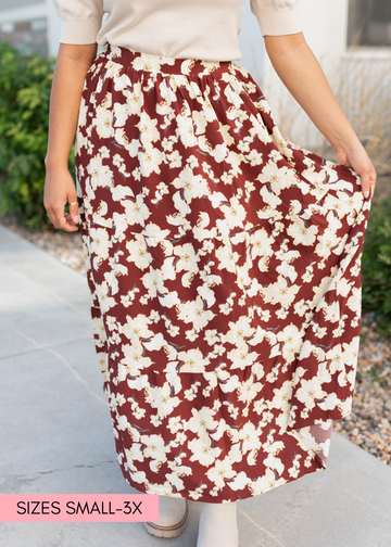 JoVonna Burgundy Multi Floral Skirt