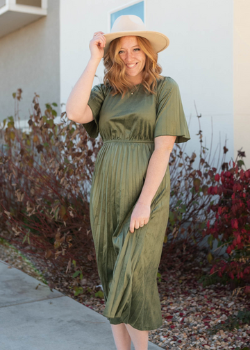 Kahlani Olive Pleated Velvet Dress
