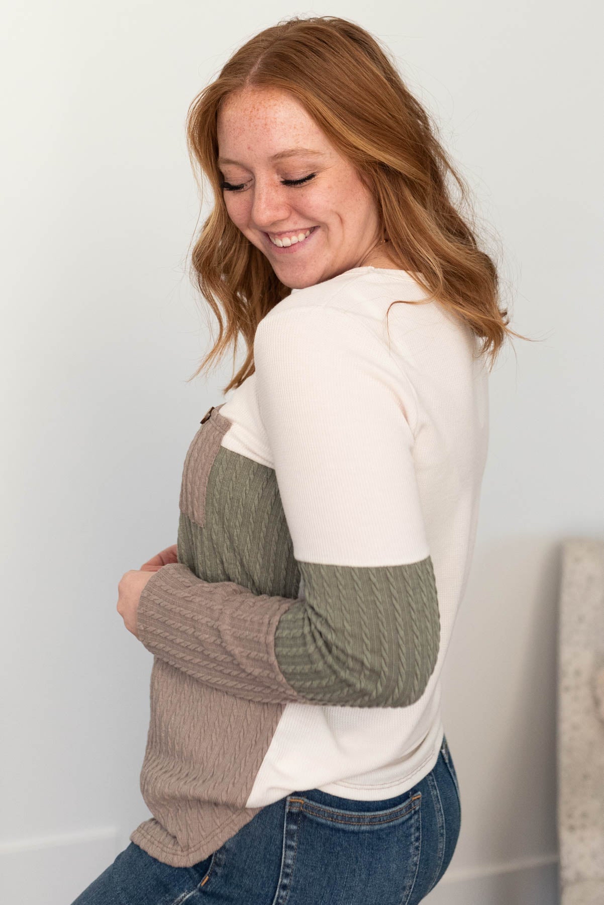 Kimberlyn Olive Pocketed Cable Knit Top