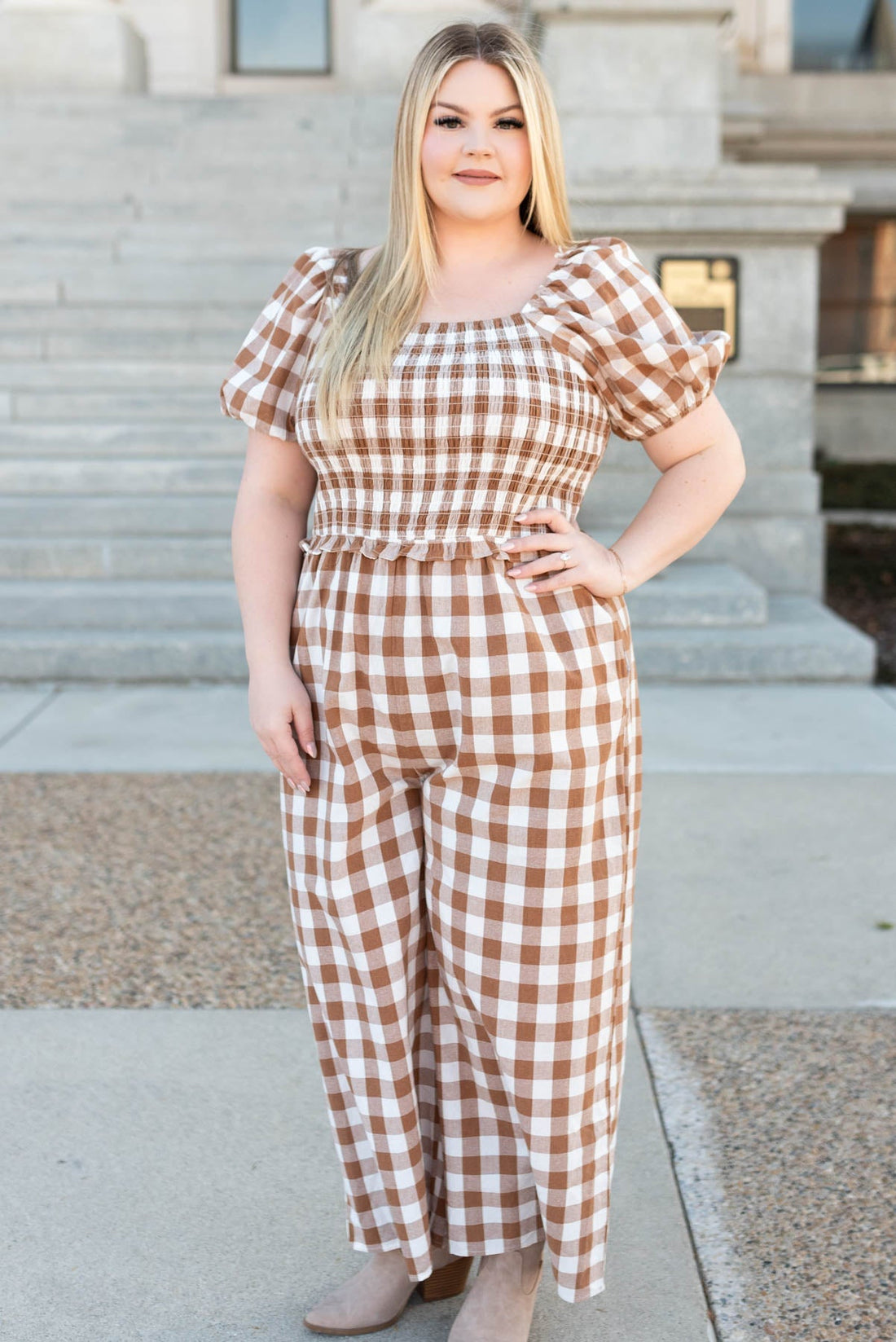 Lulu Taupe Gingham Jumpsuit