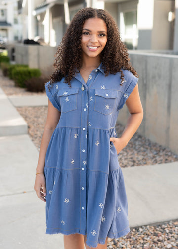 Lynn Denim Bow Embroidered Dress