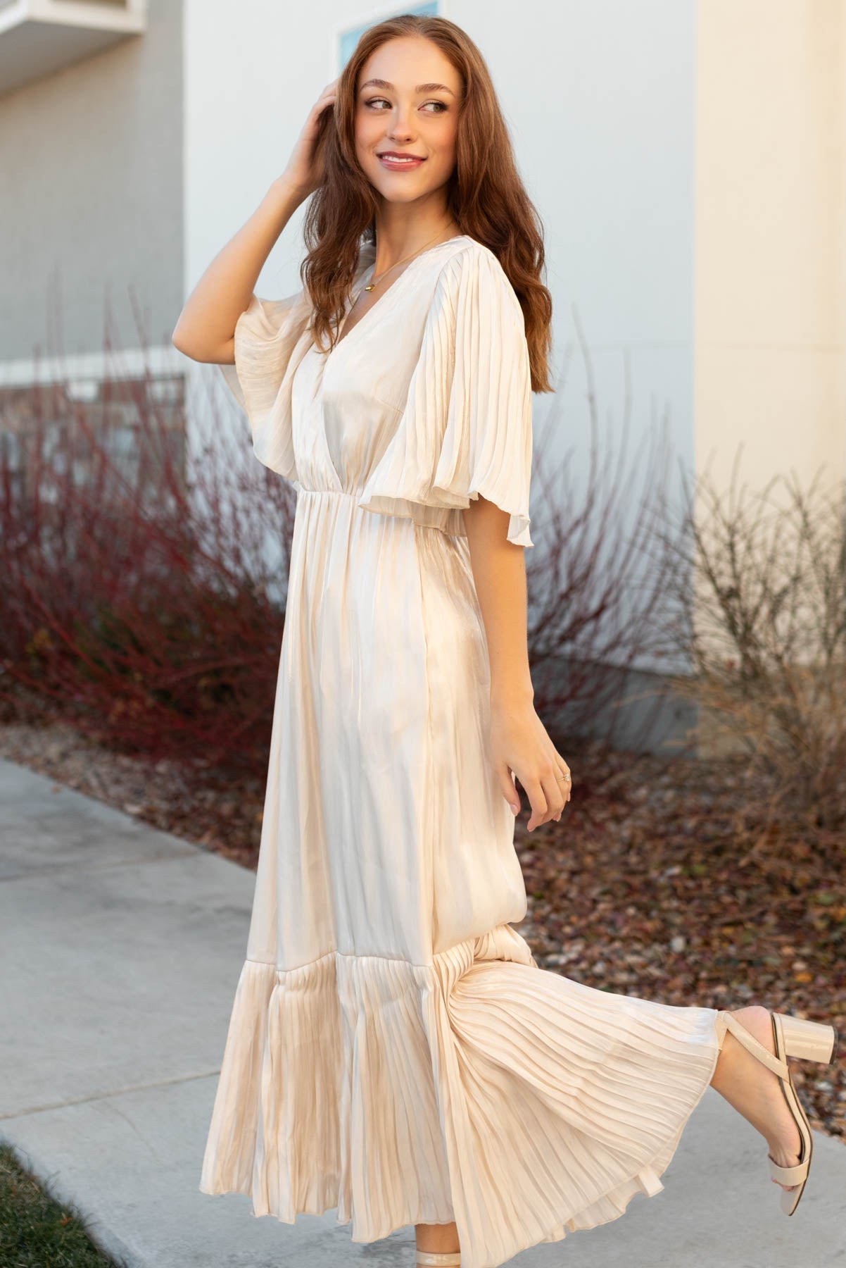 Madilyn Cream Pleated Wrap Dress