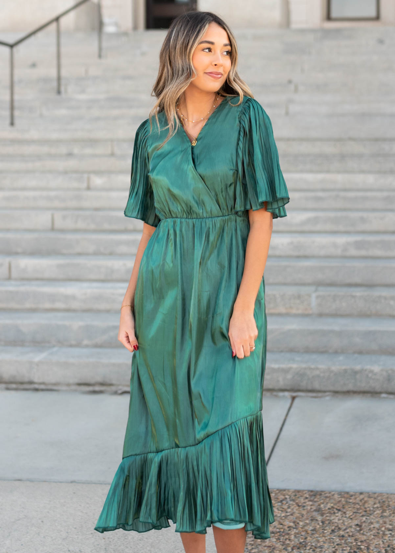 Madilyn Hunter Green Pleated Wrap Dress