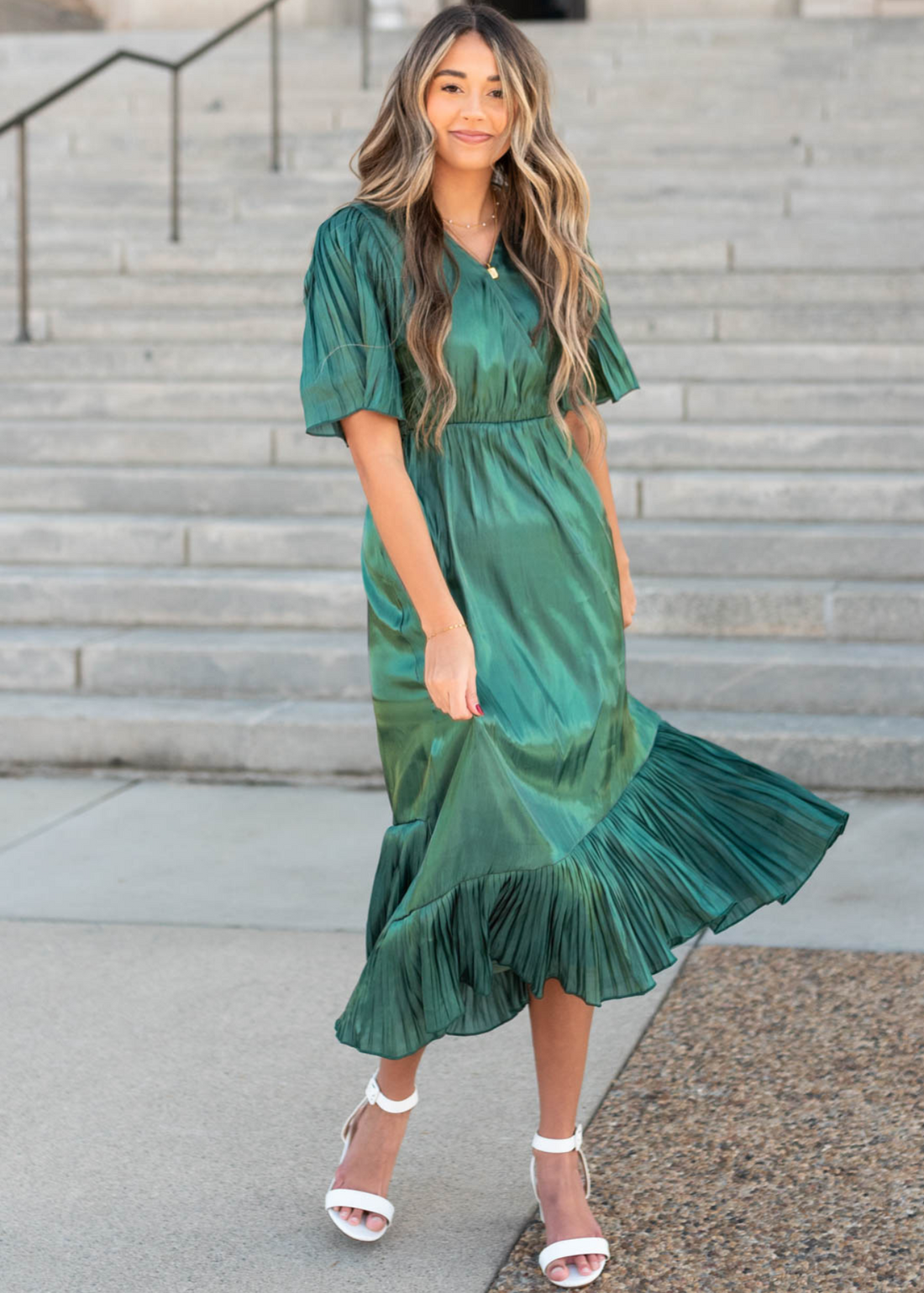 Madilyn Hunter Green Pleated Wrap Dress