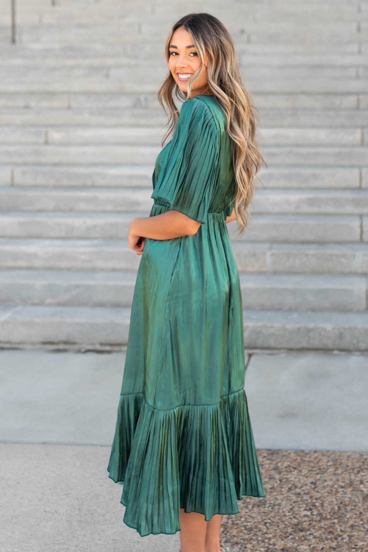 Madilyn Hunter Green Pleated Wrap Dress