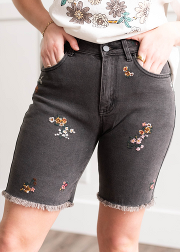 Mae Black Floral Embroidered Shorts