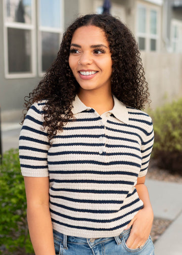 Marcilyn Navy Striped Knitted Pollo Top
