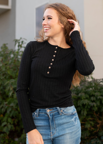 Mirabel Black Ribbed Long Sleeve Top