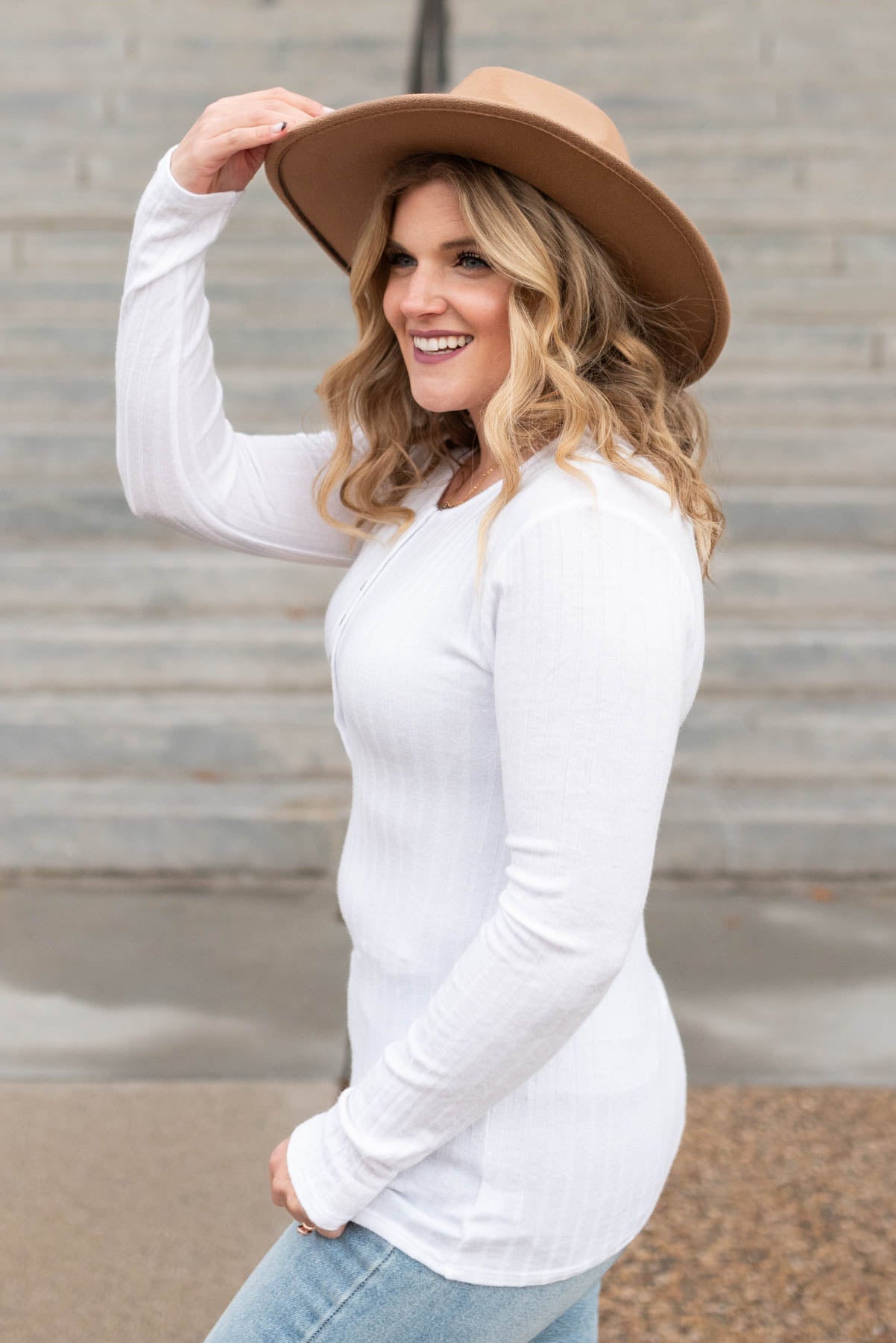 Mirabel Off White Ribbed Long Sleeve Top