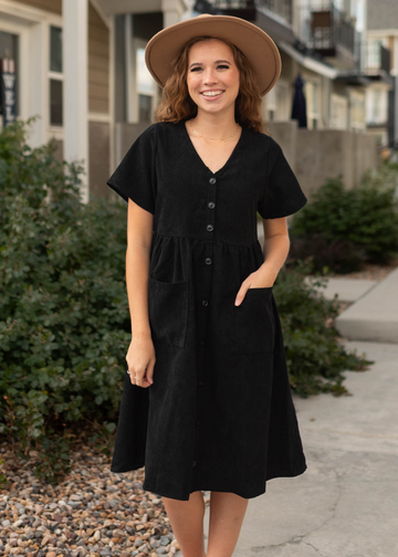 Sariah Black Corduroy Button up Dress