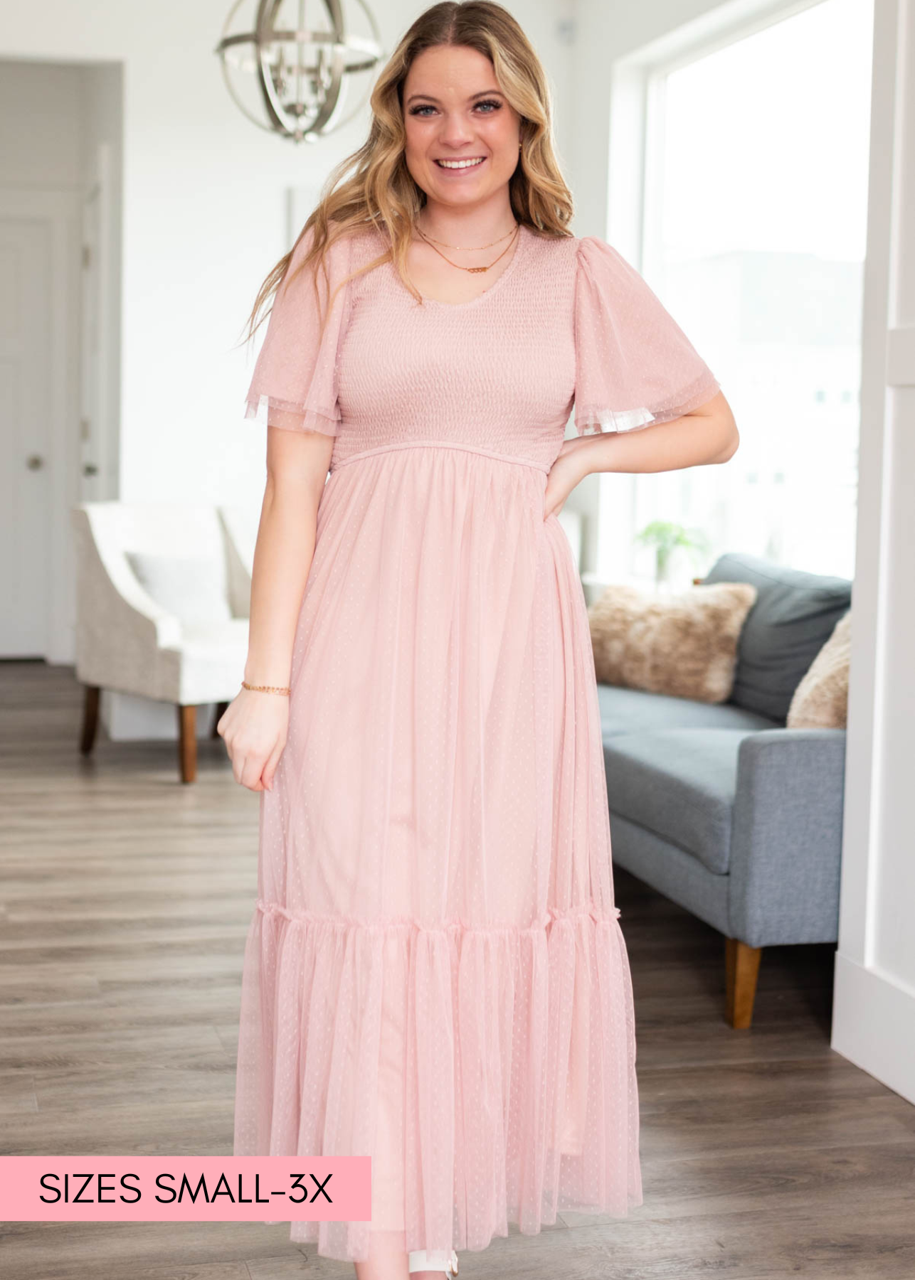 Abbie Blush Smocked Mesh Dress