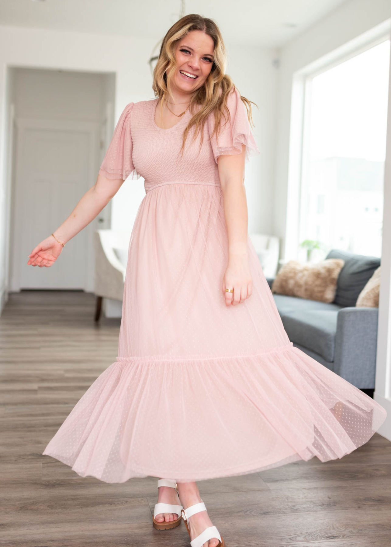 Abbie Blush Smocked Mesh Dress
