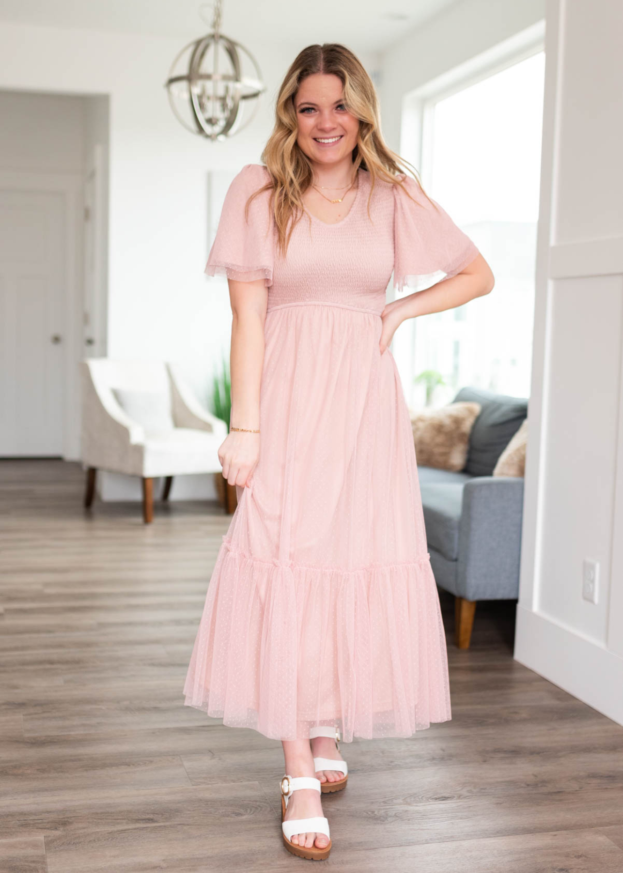 Abbie Blush Smocked Mesh Dress