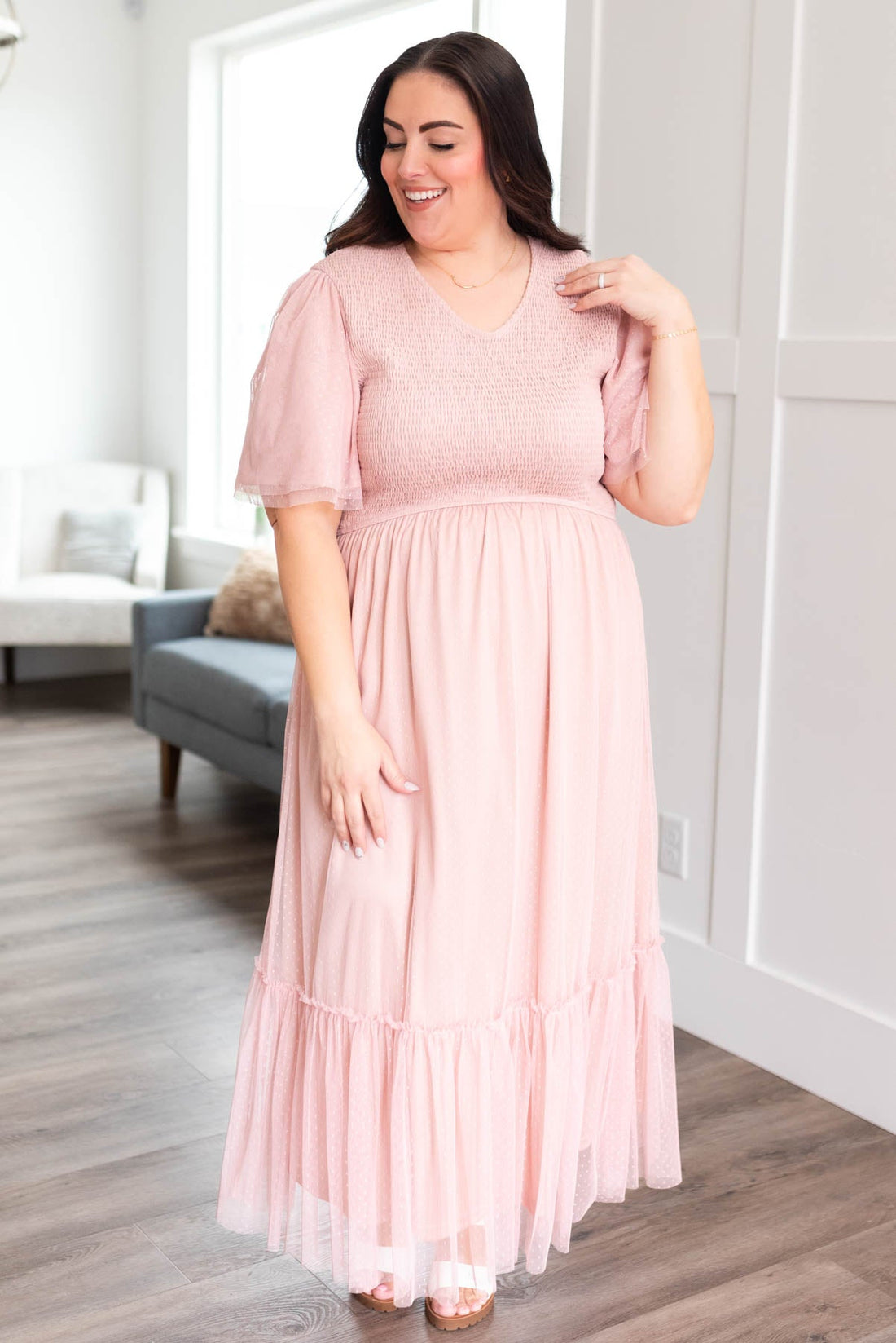 Abbie Blush Smocked Mesh Dress