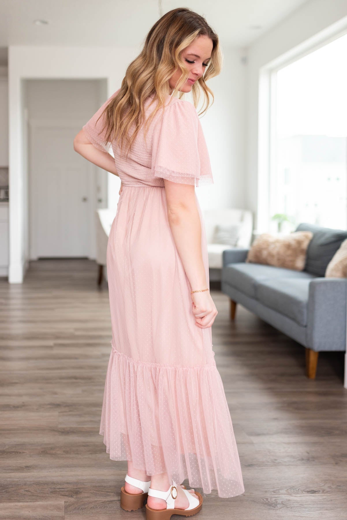 Abbie Blush Smocked Mesh Dress