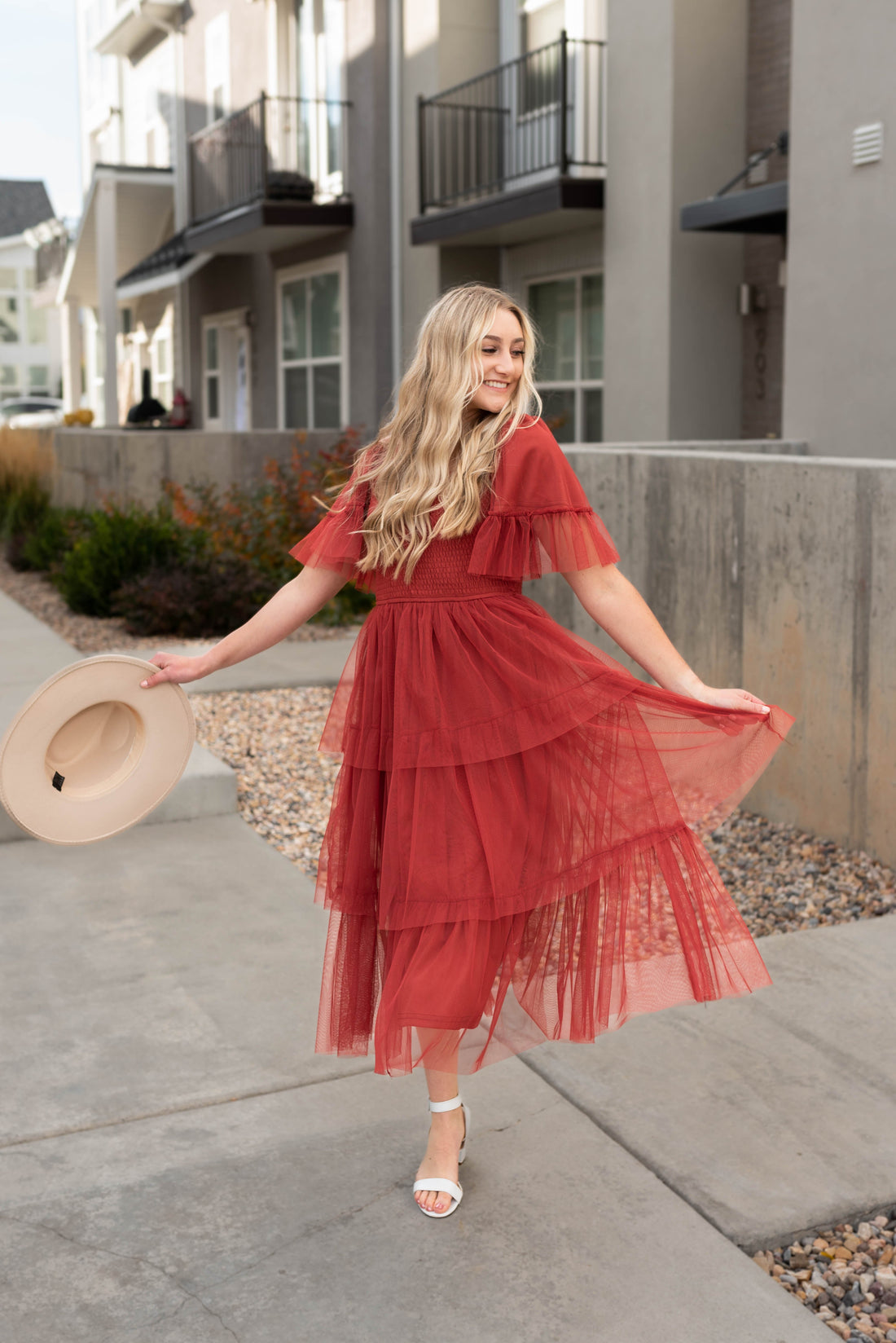 Ada Rust Mesh Ruffle Dress
