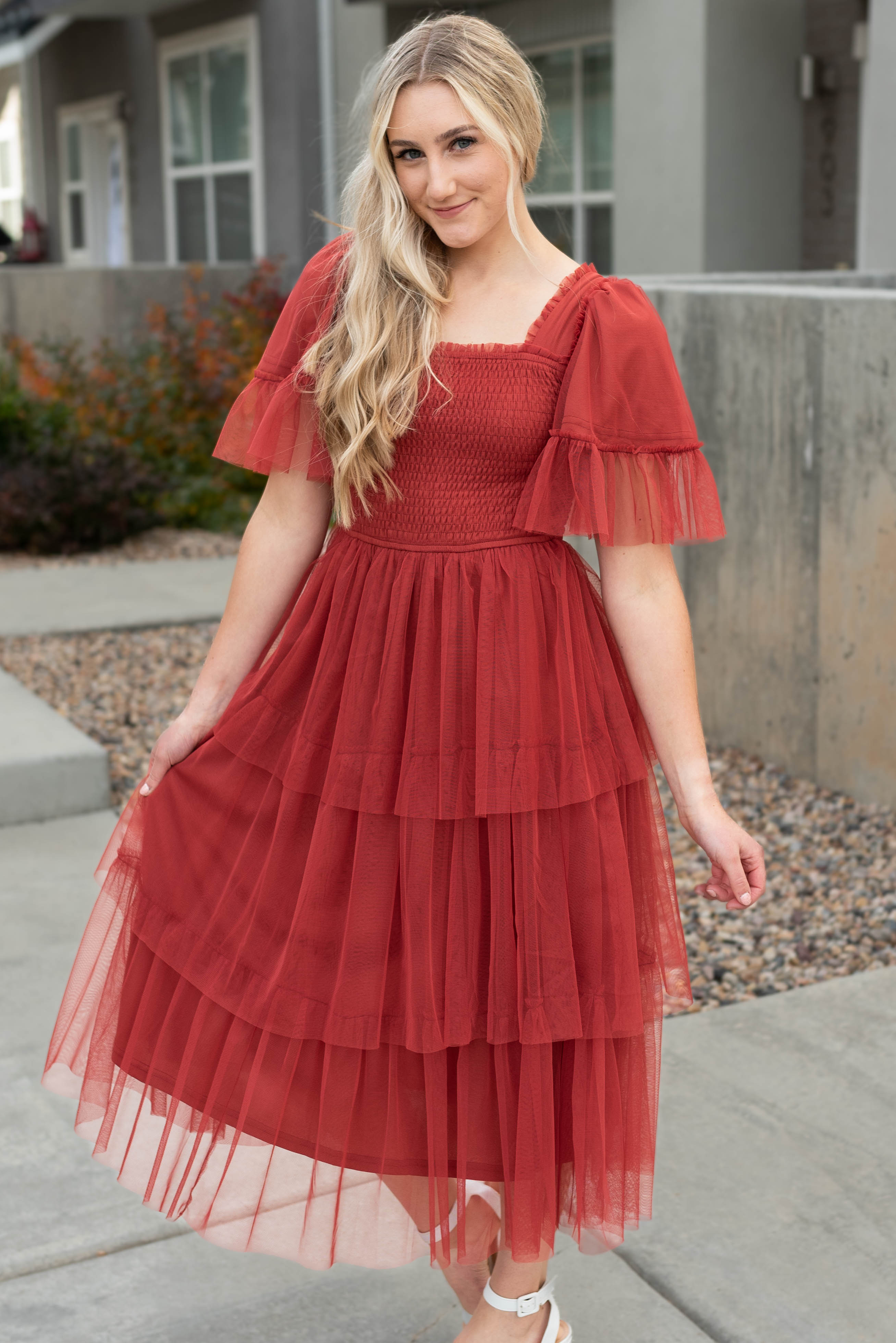 Ada Rust Mesh Ruffle Dress
