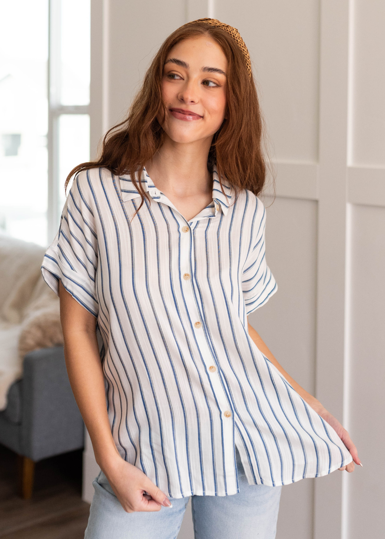 Addison Indigo Stripe Button Down Top