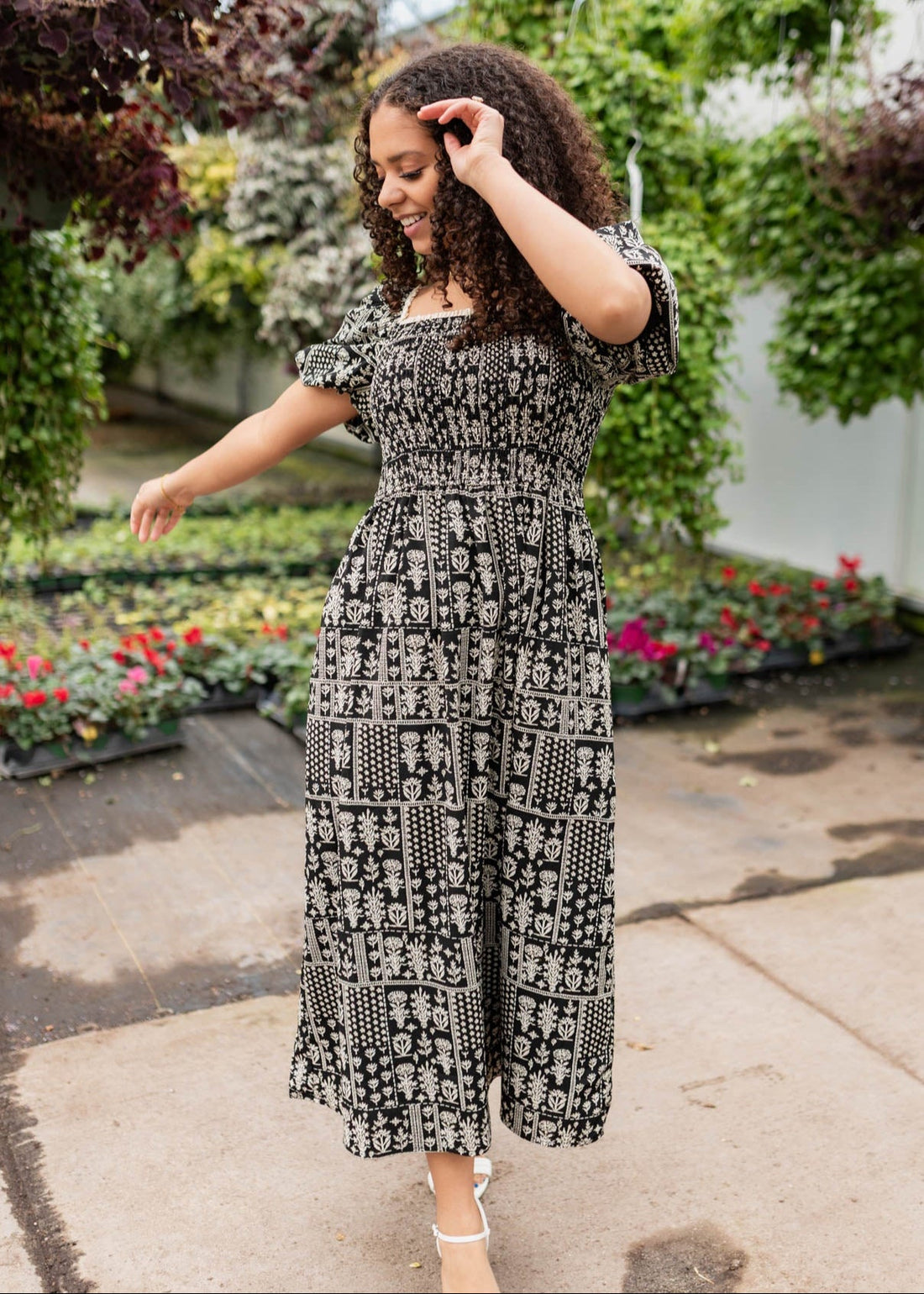Adeline Black Printed Smocked Dress
