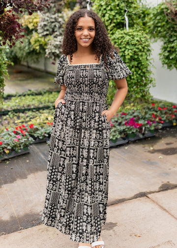 Adeline Black Printed Smocked Dress