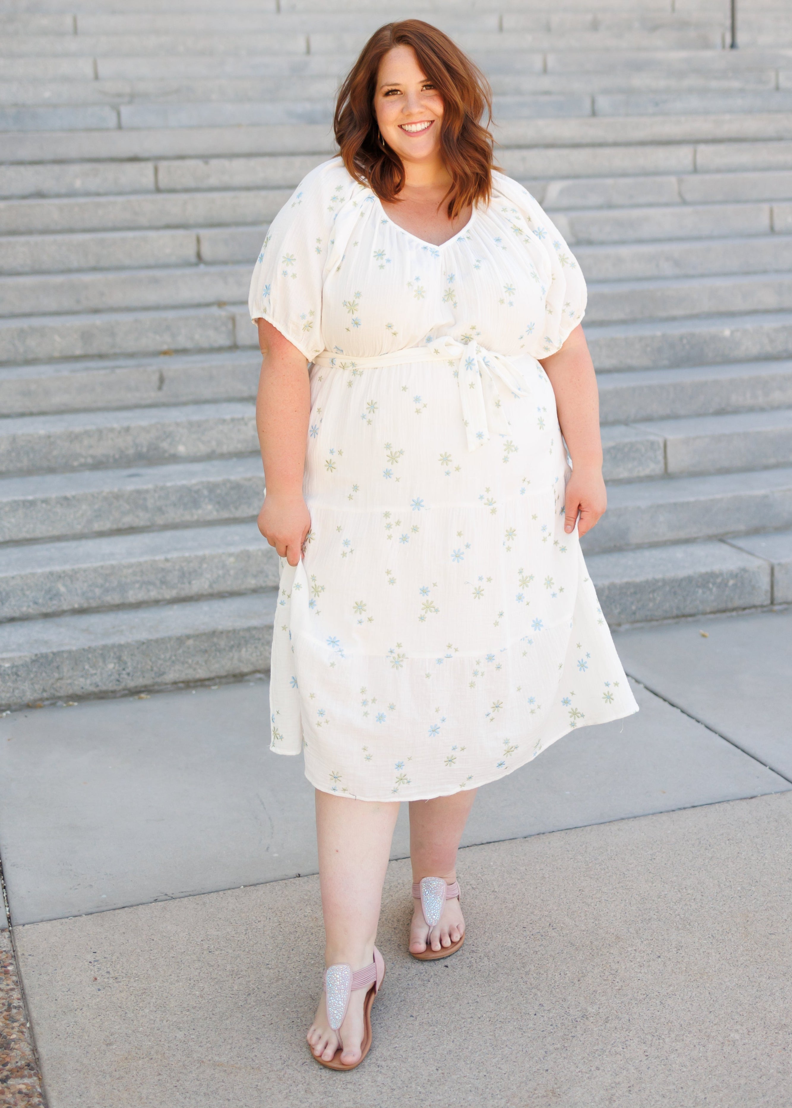 Adri White Flower Embroidered Dress