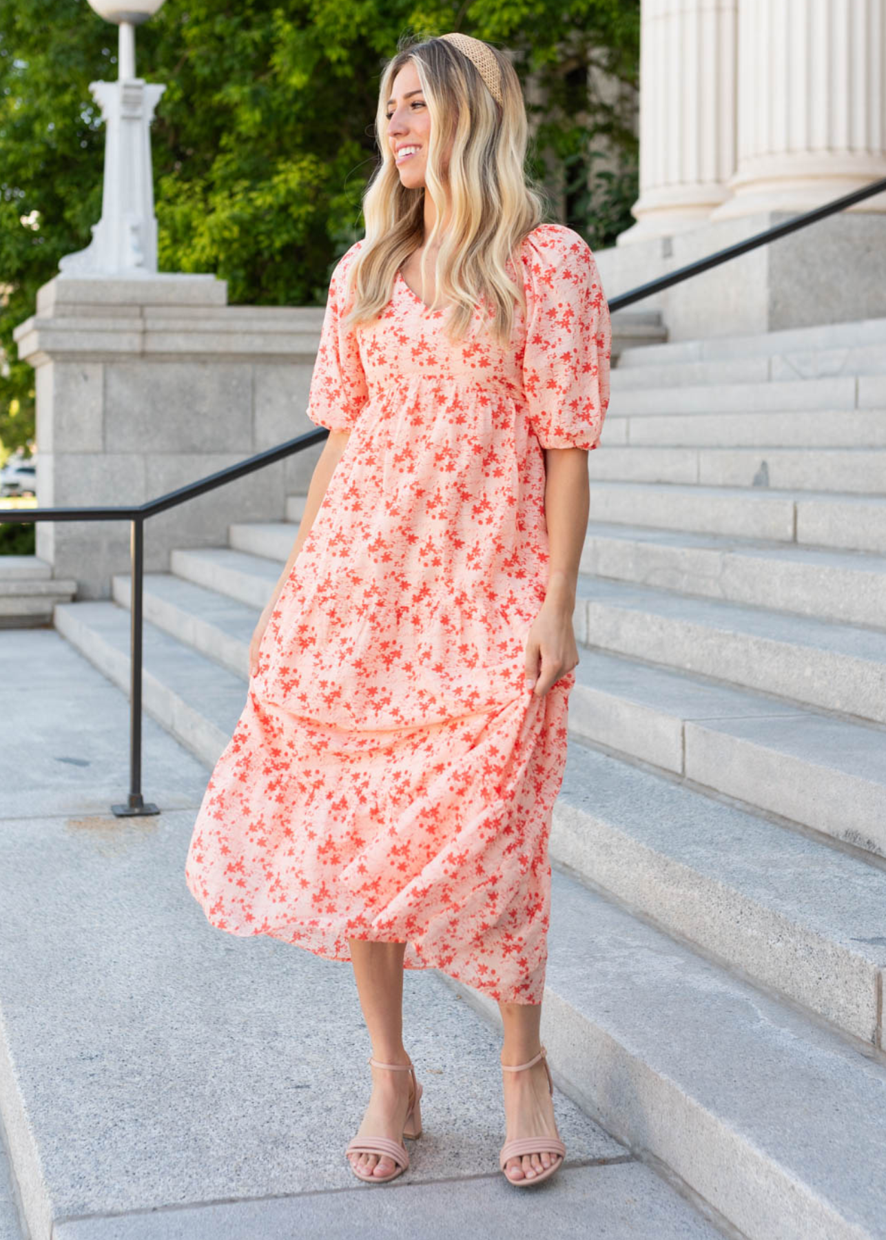 Aimsley Peach Floral Tiered Dress