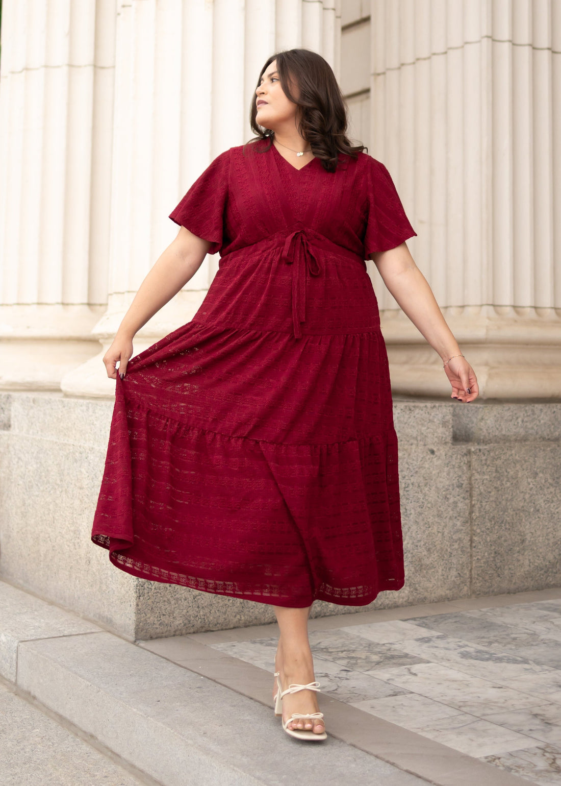 Alana Maroon Textured Tie Dress
