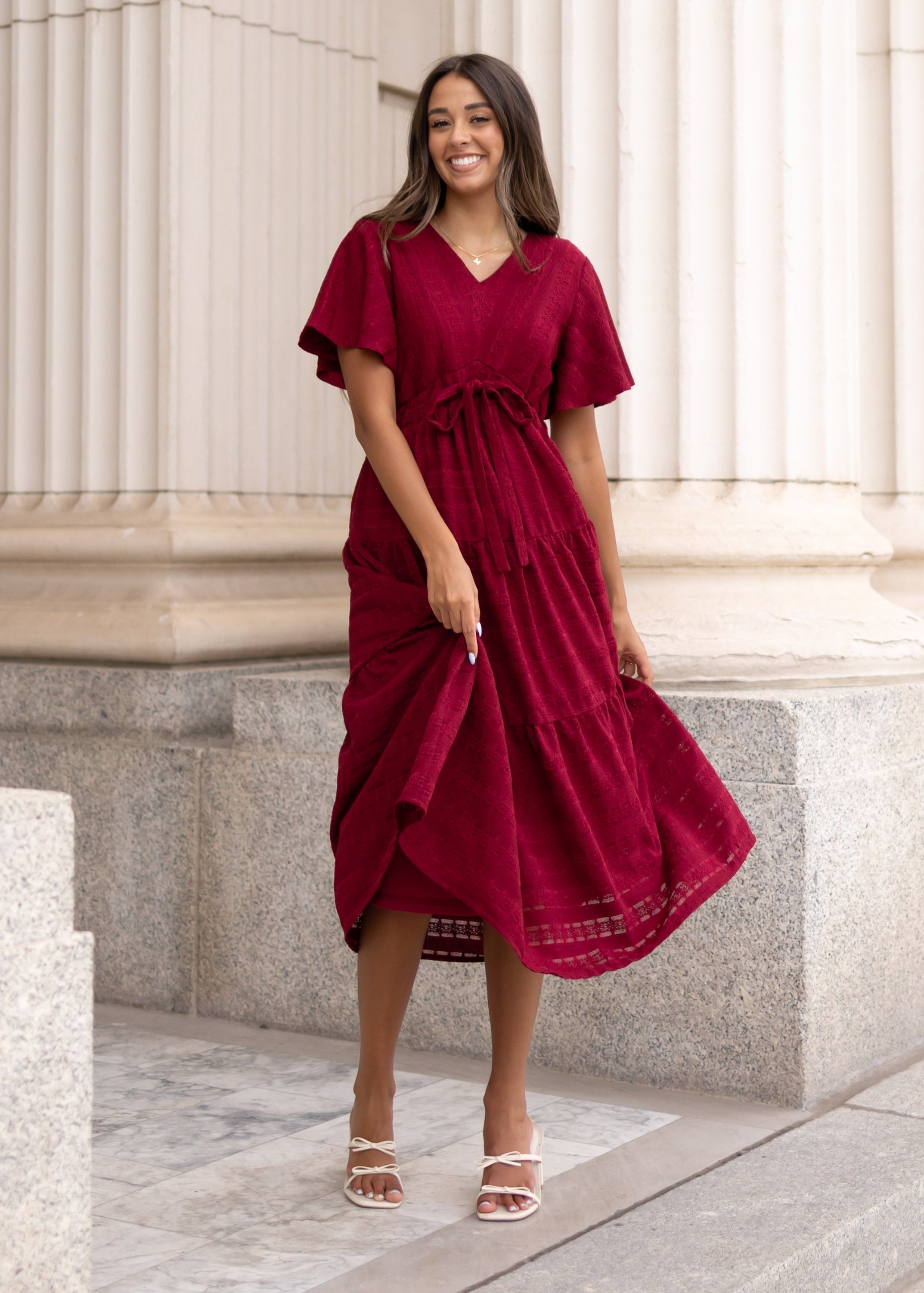 Alana Maroon Textured Tie Dress